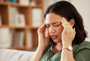 distraught woman holds her hands to her temples in pain wondering how does heroin affect the brain​