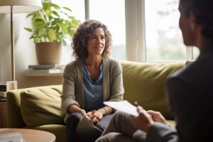 a woman sits on a couch talking to a therapist about the benefits of sober living