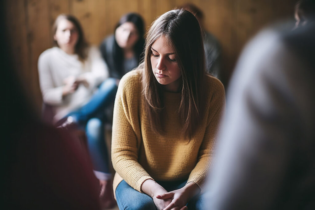 distraught woman sits with other group members in her a depression and anxiety rehab